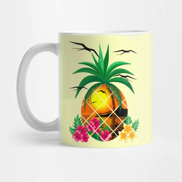 Pineapple Tropical Sunset, PalmTree and Flowers by BluedarkArt